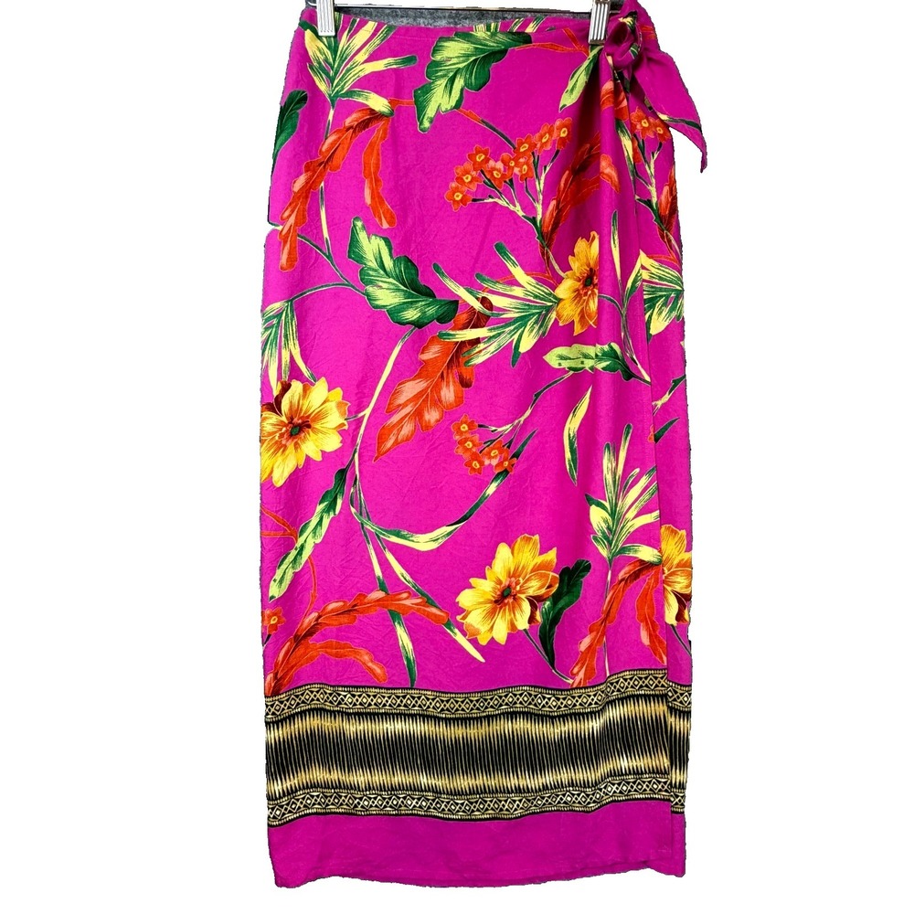 Vintage Express Compagnie Internationale Wrap Skirt Women M Pink Tropical Floral